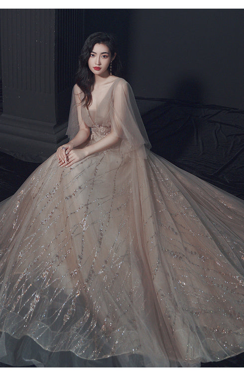 Sexy Champagne Tulle V Back Long Evening Dress Party Dress, Long Prom Dress