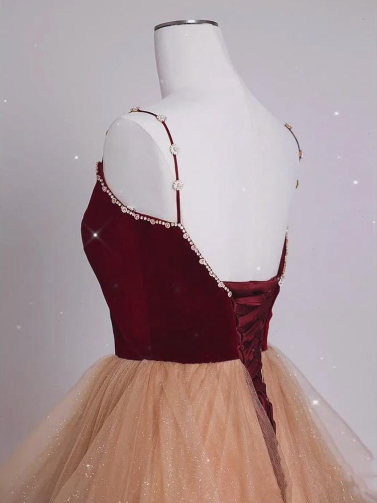 Wine Red Straps A-Line Tulle Long Prom Dress Graduation Dress, DP4243