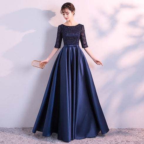 Navy Blue Satin with Lace Top Long Party Dress, Short Sleeves Prom Dress