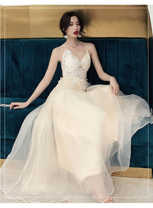 Ivory Organza Straps Lace Long A-line Junior Prom Dress, Beautiful Long Party Dresses