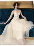 Ivory Organza Straps Lace Long A-line Junior Prom Dress, Beautiful Long Party Dresses