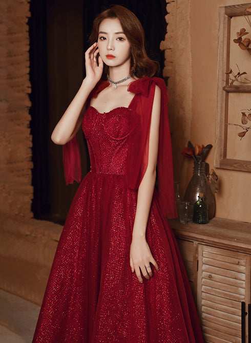 Wine Red Straps Sweetheart Shiny Tulle Party Dress, A-line Wine Red Formal Dress