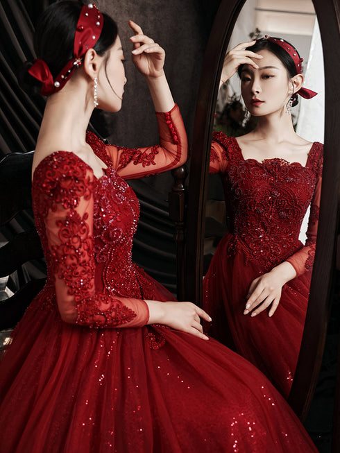 Wine Red Lace Long Sleeves Low Back Tulle Prom Dress, Wine Red Beaded Party Dress