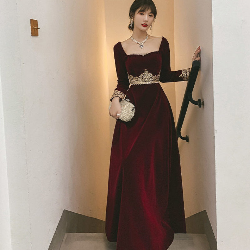 Elegant Wine Red Velvet Long Sleeves Party Dress, Dark Red Evening Dress US size 14 / Wine Red Elegant Wine Red Velvet Long Sleeves Party Dress, Dark Red Evening Dress US size 14 / Wine Red