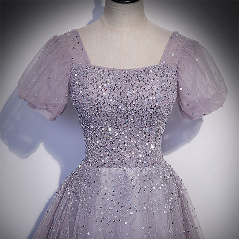 Beautiful Light Purple Sequins Short Sleeves Party Dress, Purple Formal Dresses