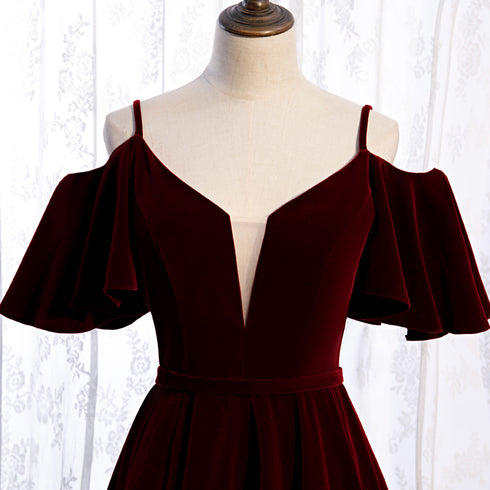 Beautiful Wine Red Velvet Off Shoulder Floor Length Party Dress, Velvet Junior Prom Dress