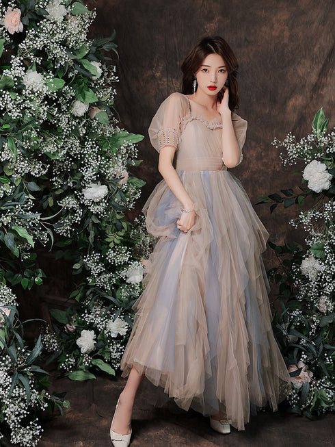 Cute Short Sleeves Layers Tulle Long Party Dress, A-line Prom Dresses