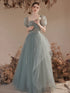 Light Green Short Sleeves Tulle Floor Length Party Dress, A-line Evening Formal Gown