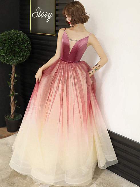 Lovely Pink Gradient Velvet Top Long Evening Dress, A-line Pink Tulle Prom Dress Party Dress