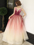 Lovely Pink Gradient Velvet Top Long Evening Dress, A-line Pink Tulle Prom Dress Party Dress