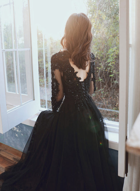 Black Long Sleeves V-neckline Tulle with Lace Party Dress, Black Evening Party Dress
