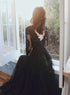 Black Long Sleeves V-neckline Tulle with Lace Party Dress, Black Evening Party Dress