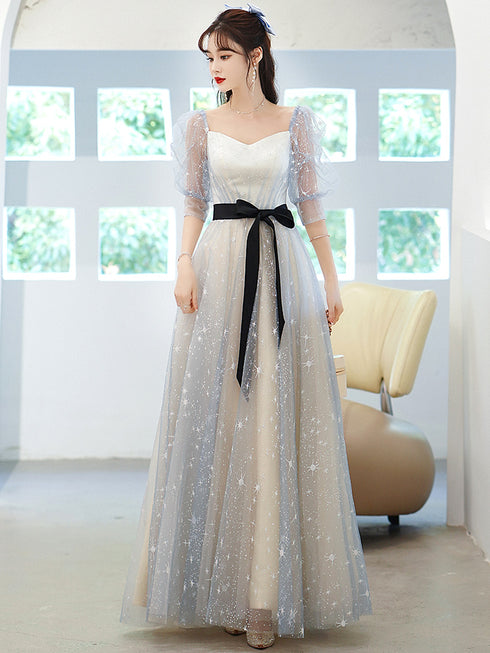 Light Blue Tulle A-line Short Sleeves Party Dresses, Blue Formal Gowns Prom Dresses