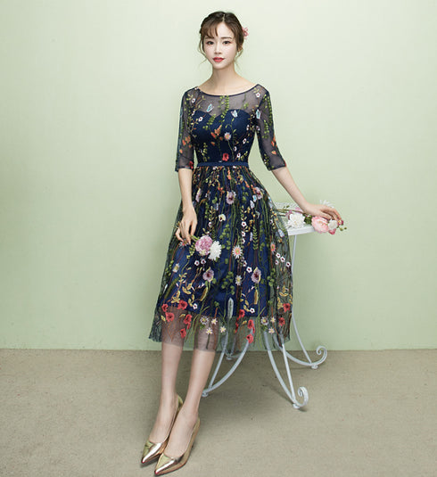 Navy Blue Floral Lace Short Bridesmaid Dresses, Cute Blue Homecoming Dress Prom Dress