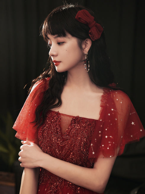 Wine Red Short Sleeves Tulle with Lace Long Party Dress, Wine Red Prom Dress