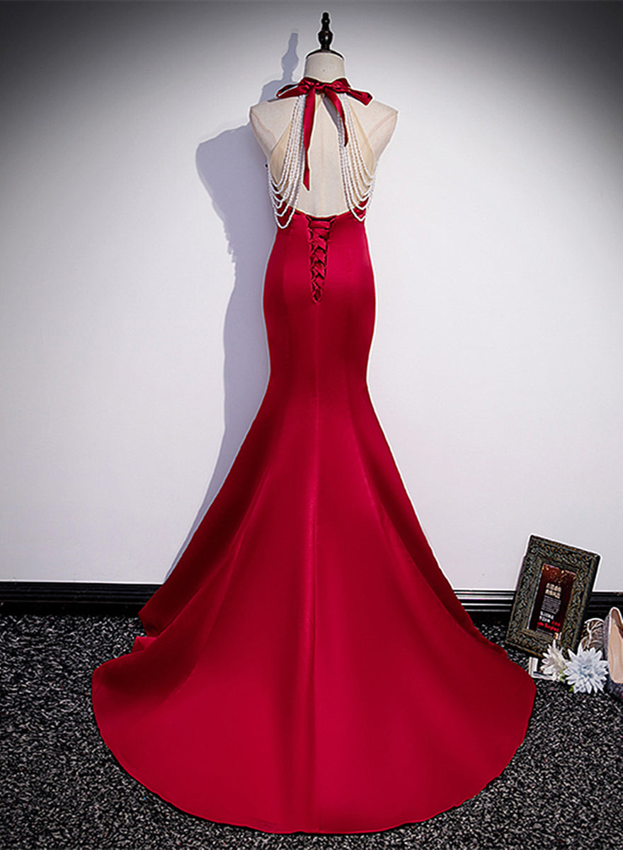 Red Mermaid Satin Long Party Dress Formal Dress, Lace-up Red Prom Dres –  BeautyDressy