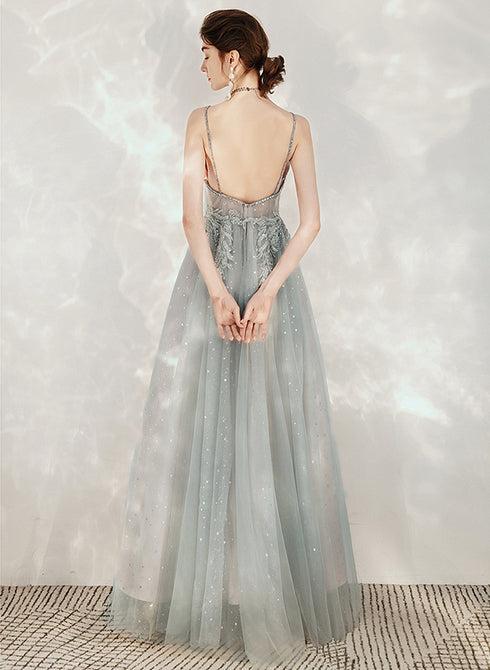 Tulle A-line Beaded Straps Long Party Dress, A-line Low Back Prom Dress