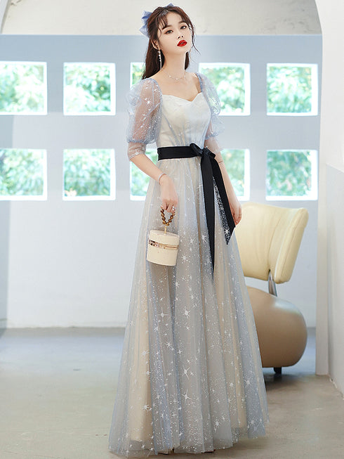 Light Blue Tulle A-line Short Sleeves Party Dresses, Blue Formal Gowns Prom Dresses