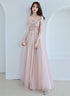 Pink Off Shoulder with Flowers A-line Prom Dress, Tulle Floor Length Party Dress