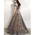 Grey and Champagne Tulle Lace Long Party Dress, A-line Formal Dress Prom Dress