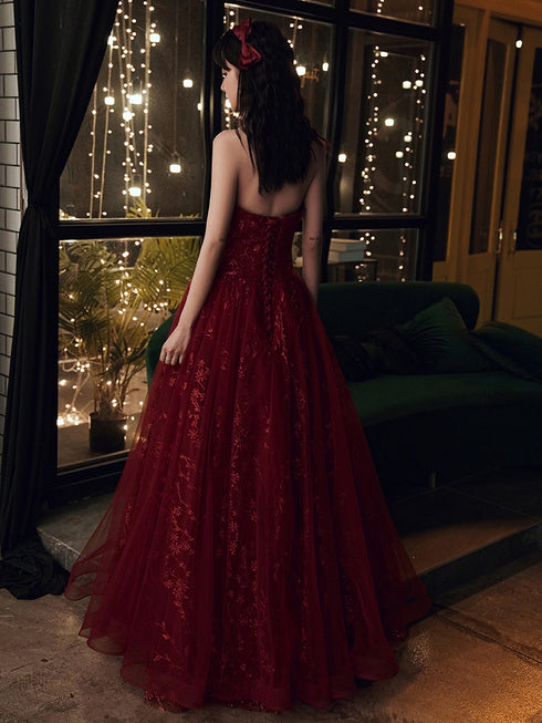 Wine Red Floral Lace and Tulle Long Evening Gown Party Dress, Burgundy Formal Dresses 2022