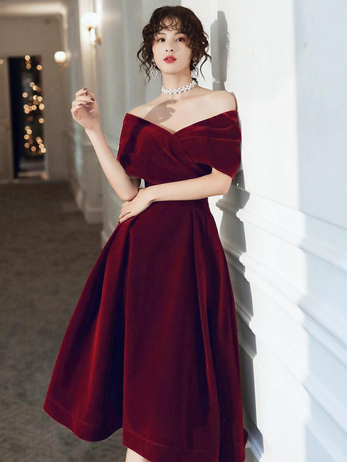 Wine Red Velvet Tea Length Homecoming Dress, Dark Red Party Dresses