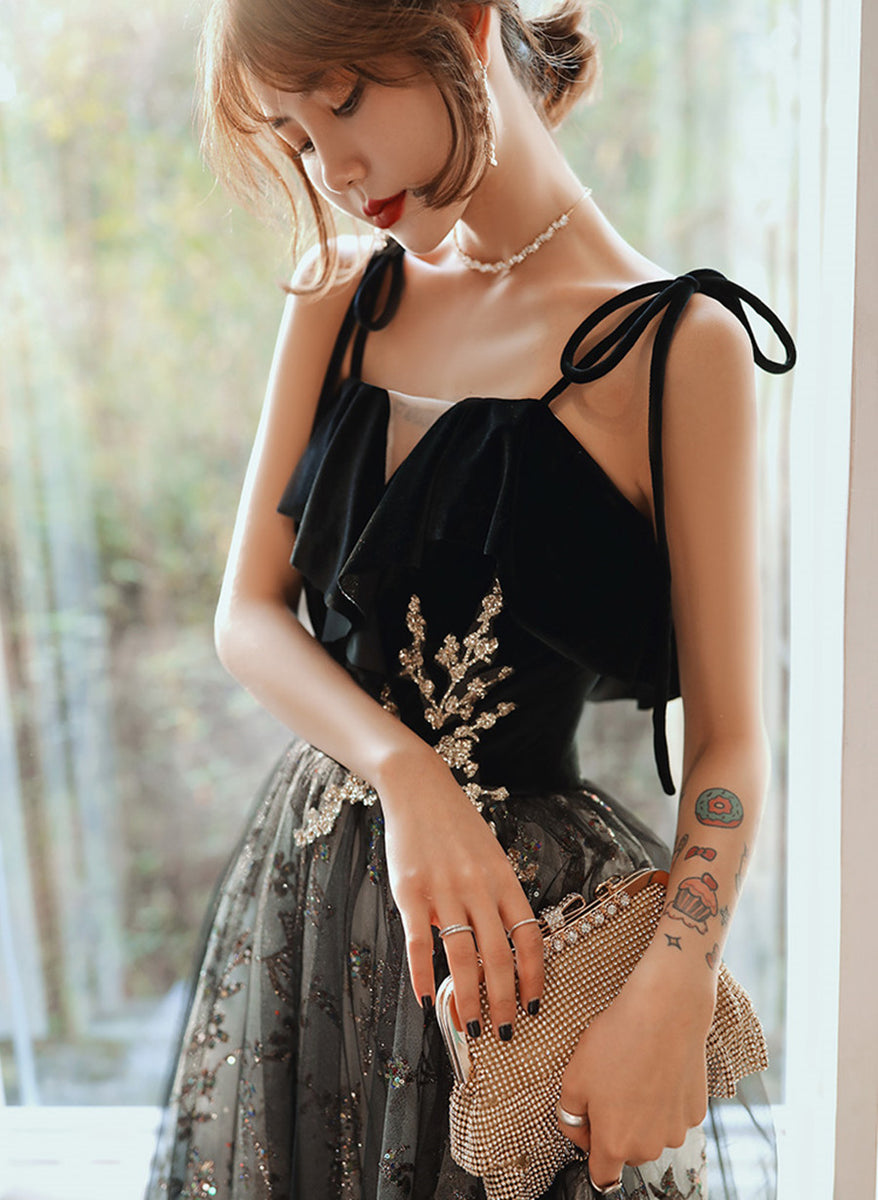 Black A-line Tulle Straps Long Party Dress, A-line Black Formal Dress