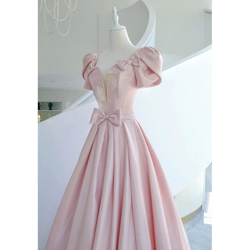 Pink Satin Long Short Sleeves Prom Dress Party Dress, Pink Formal Dress Wedding Party Dress