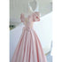 Pink Satin Long Short Sleeves Prom Dress Party Dress, Pink Formal Dress Wedding Party Dress