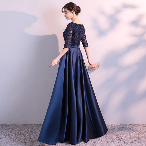 Navy Blue Satin with Lace Top Long Party Dress, Short Sleeves Prom Dress