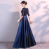 Navy Blue Satin with Lace Top Long Party Dress, Short Sleeves Prom Dress