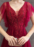 Wine Red Lace Beaded Puffy Sleeves Party Dress, Wine Red Long Prom Dress