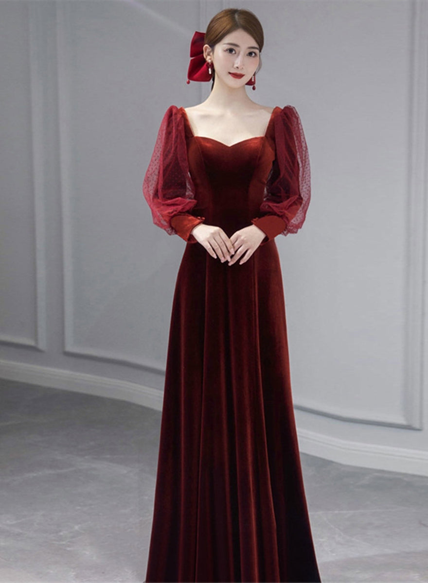 Wine Red Velvet Long Sleeves Floor Length Bridesmaid Dress, Wine Red L