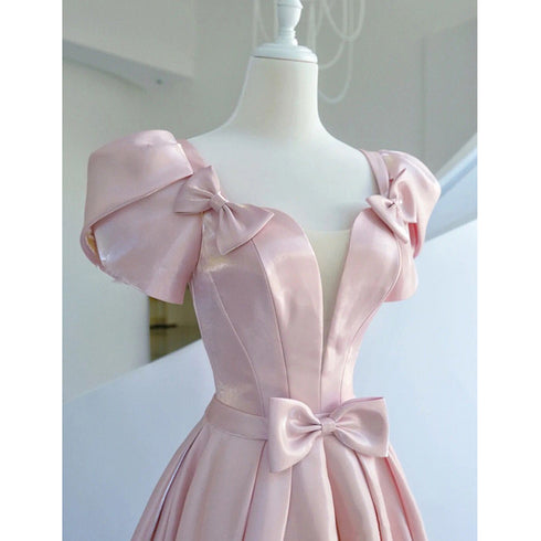 Pink Satin Long Short Sleeves Prom Dress Party Dress, Pink Formal Dress Wedding Party Dress
