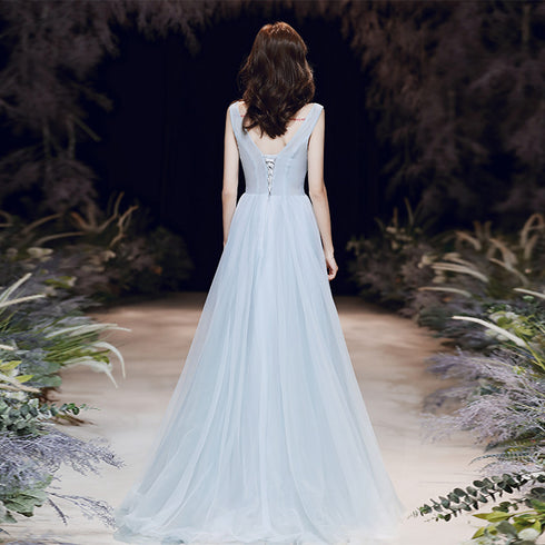 Light Blue V-neckline Tulle Long Prom Dress, A-line Tulle Evening Gown with Lace Applique