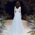 Light Blue V-neckline Tulle Long Prom Dress, A-line Tulle Evening Gown with Lace Applique