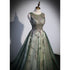 Green Tulle Round Neckline Long Party Dress, Green Lace Prom Dress