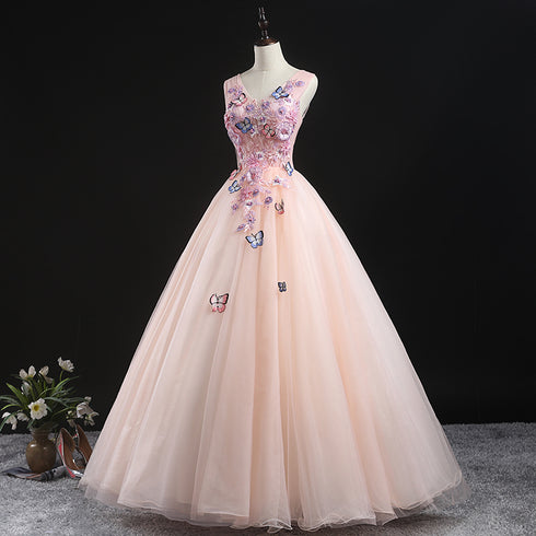 Charming Pink Flowers Ball Gown Long Sweet 16 Dress, Pink Prom Dress