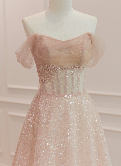 Pink Sparkle Tulle with Beadings Long A-line Formal Dress, Pink Tulle Sweetheart Prom Dress