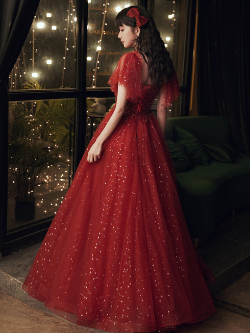 Wine Red Short Sleeves Tulle with Lace Long Party Dress, Wine Red Prom Dress