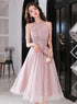 Pink Beaded Tulle Short Homecoming Dress, Pink Prom Dress Party Dress