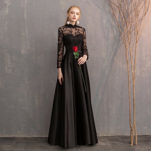 Black Satin and Lace Long Formal Dress Party Dresses, Black Evening Dresses