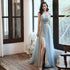 Beautiful Grey V-neckline Straps Beaded Slit Long Prom Dress, Grey Evening Gown