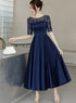 Navy Blue Tea Length Satin Short Sleeves Party Dress, Blue Wedding Party Dresses