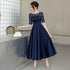Navy Blue Tea Length Satin Short Sleeves Party Dress, Blue Wedding Party Dresses