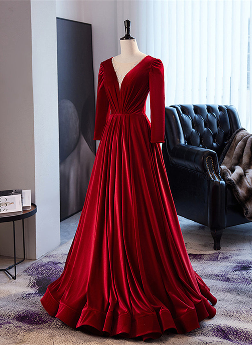 Beautiful Wine Red Velvet Long Sleeves Party Dress, Long Prom Dress