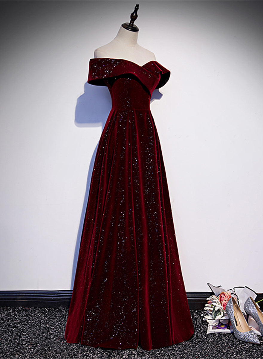 Off Shoulder Wine Red Velvet Long Party Dress, A-line Wine Red Evening Dress US size 4 / Wine Red