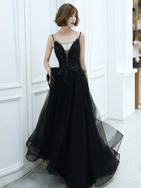 Black V-neckline Tulle with Lace Applique Long Prom Dress, Black Evening Dress