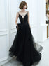 Black V-neckline Tulle with Lace Applique Long Prom Dress, Black Evening Dress