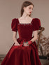 Wine Red Short Sleeves A-line Velvet Party Dress, Wine Red Bridesmaid Dress